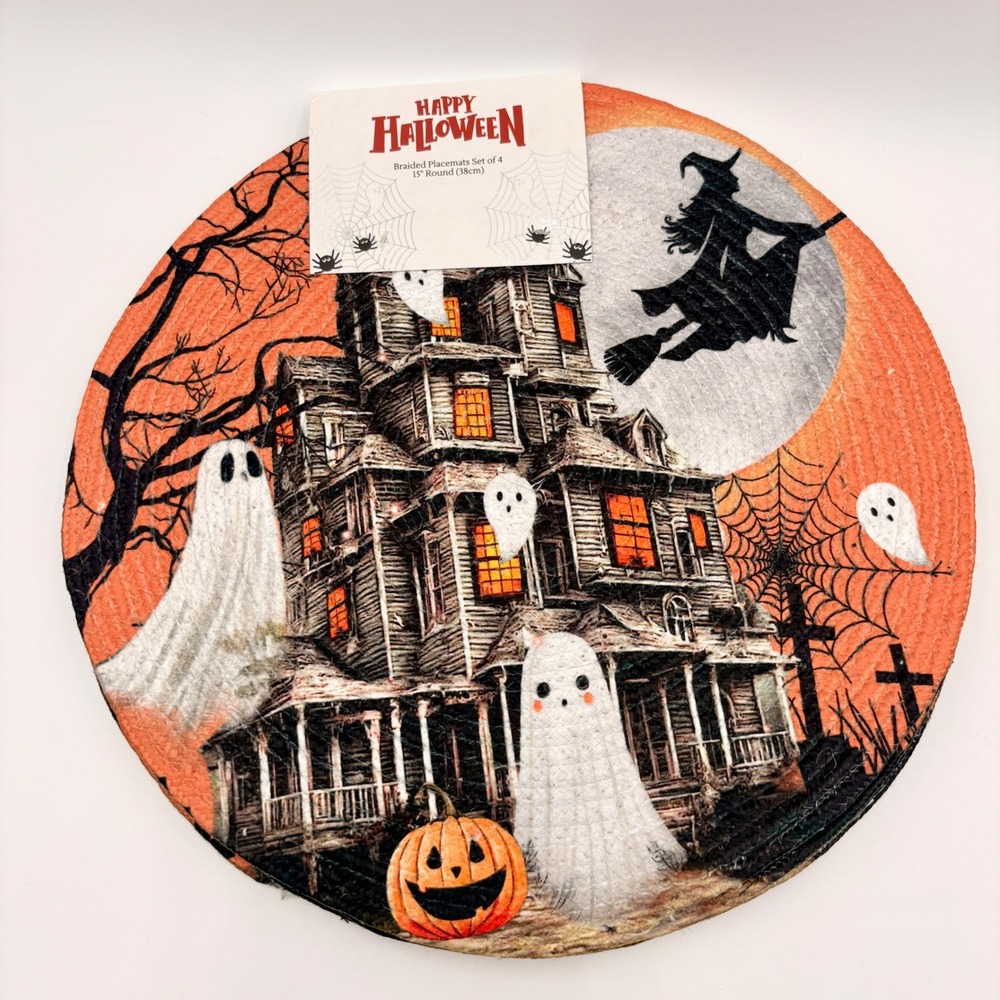 Happy Halloween Braided Placemats Set of 4 Haunted House Ghost Witch 15in Round